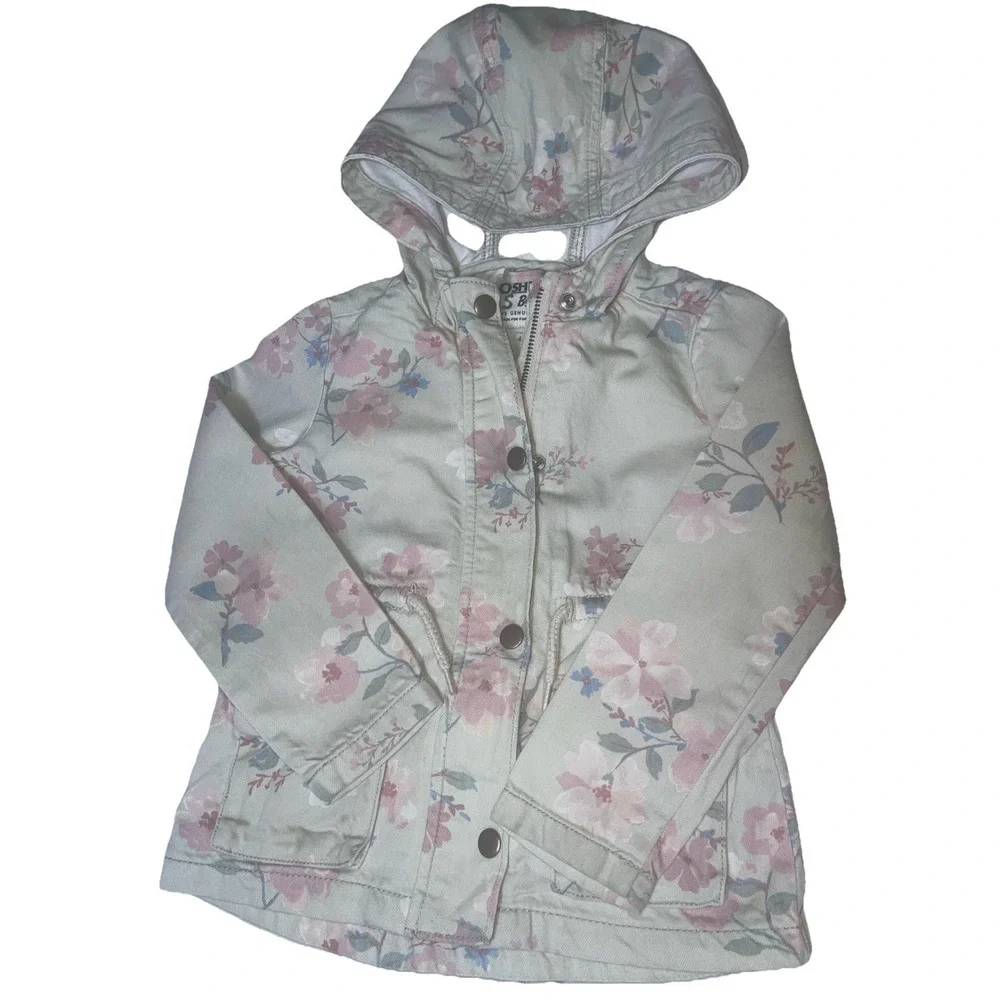 Girl 4T Oshkosh B'gosh Denim Jacket Beige Pink Blue Floral drawstring Waist